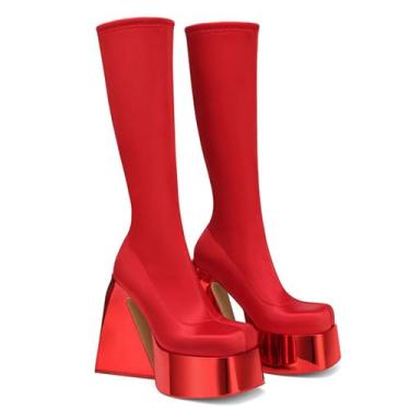 Imagem de UNWRBD Botas elásticas plataforma impermeável tamanho grande bico redondo salto grosso botas de inverno feminino salto alto, Vermelho, US9 EU43