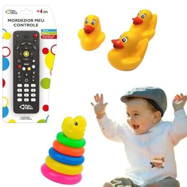 Imagem de Kit 3 Brinquedos Para Bebês Mordedor Controle Remoto + Patinhos De Borracha + Torre Patinhos