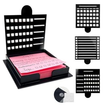 Imagem de Daily Treasures Porta-notas adesivas com três estênceis diferentes, suporte para notas adesivas de 7,6 x 7,6 cm, suporte de acrílico preto com tapetes antiderrapantes para organizador de sala e mesa