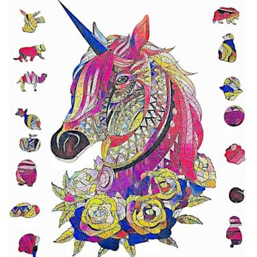 Imagem de Quebra-cabeça de madeira para adultos, quebra-cabeça mágico exclusivo em formato de animais de unicórnio, o melhor presente para adultos e adolescentes, pode ser usado como um mouse pad legal, 157 peças, (28 x 19 cm) grande