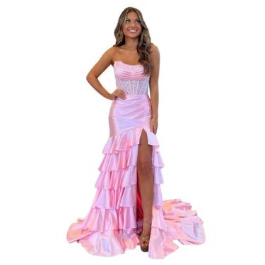 Imagem de Vestido de baile Mollyevers Corset plus size sereia rosa cetim