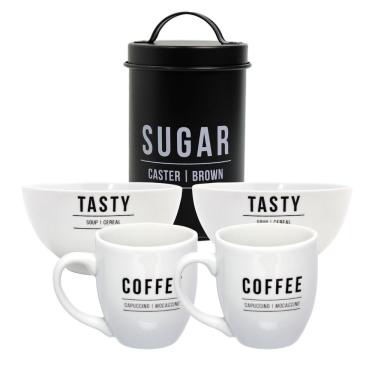Imagem de Conjunto 2 Canecas Porcelana & Bowls Brancos Com Pote Lata Açúcar