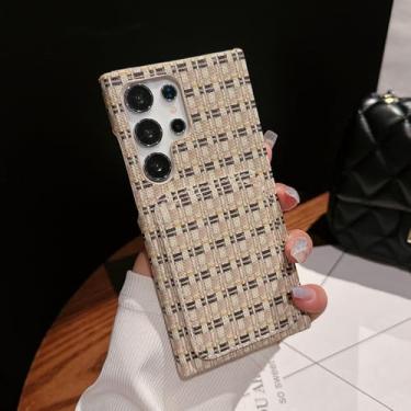 Imagem de Capa de telefone com compartimento para cartão de tecido xadrez colorido para Samsung S24 S22 S23 Ultra à prova de choque Capa protetora tipo carteira, cáqui, para Samsung S22