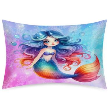 Imagem de Capa de almofada de seda de cetim arco-íris linda sereia para cabelo e pele Queen Size fronha de seda macia com fecho de envelope impressão de cetim capas de travesseiro refrescantes (50,8 x 76,2 cm