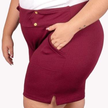 Imagem de Short Feminino Plus Size Malha Crepe Colmeia Enfeite Cinto Botão Elast