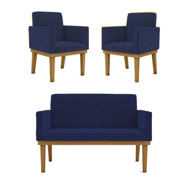 Imagem de Kit Sofá 2 Lugares + Poltrona Com Base Suede azul Marinho