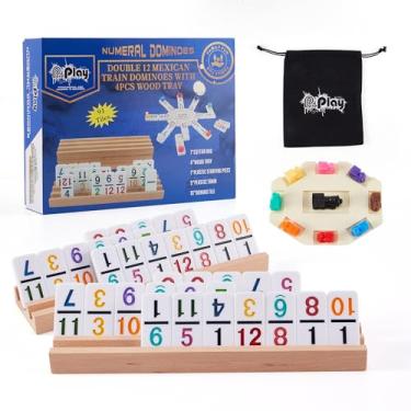 Imagem de PUREPLAY Mexican Train Dominoes Set with Numbers - Double 12 Colored Number Dominoes - Includes 91 Tiles with 9 Trains, 4 Wooden Trays and Storage Bag for 2-8 Players Ages 8+