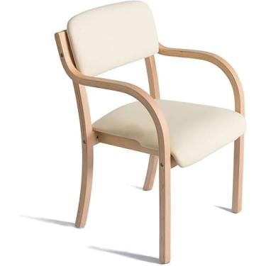 Imagem de Cadeira De Jantar De Madeira Maciça De Estilo Nórdico, Cadeira De Estudo Única Minimalista Moderna Com Braços Costas Abertas Poltronas Ergonômicas, Logs + Beige Leather, one size