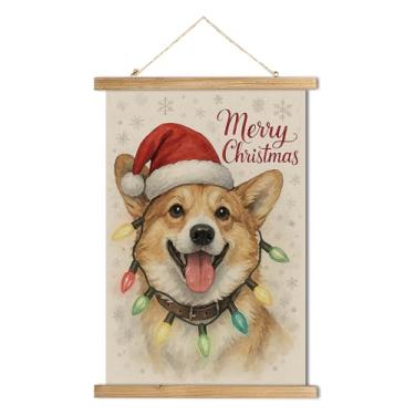 Imagem de MIDEFINCH Pôster vintage de Natal para cachorro Corgi, arte de parede fofa com chapéu de Papai Noel e cordão de luzes, impressão em tela de linho com cabide de madeira maciça para sala de estar