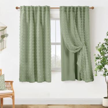 Imagem de Cortinas blackout de 163 cm de comprimento para quarto, boho pom pom preto verde sálvia escurecimento de quarto de cortinas de camada dupla para quarto de meninas berçário 153 centímetros de