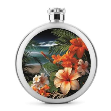 Imagem de Cantil de aço inoxidável, flores tropicais e decorações impressão clássica garrafa de bolso garrafa anca garrafa de viagem garrafa portátil garrafa de metal