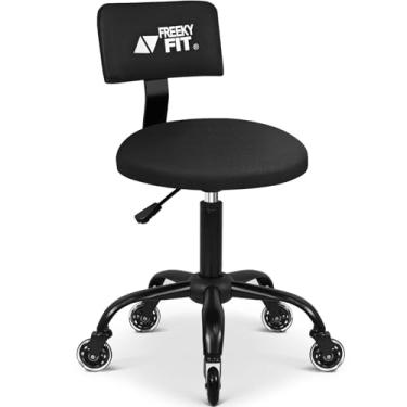 Imagem de FreekyFit Banco de rodinhas com encosto e rodas, banco de garagem mecânico com altura ajustável de 39,5 a 46,5 cm, cadeira de loja resistente, rotação de 360°, assento de trabalho em PVC, 5 rodas