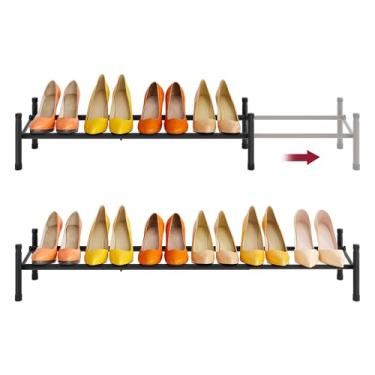 Imagem de Tajsoon Sapateira expansível para armário de 1 camada, 71 cm - 104 cm, ajustável e empilhável, organizador de sapateira de metal para entrada da porta da frente, armário, garagem, entrada, preto