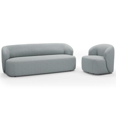 Imagem de Sofá 3 Lugares 205cm Com Poltrona Giratória Orgânica Heidy F04 Linho Cinza - Lyam Decor