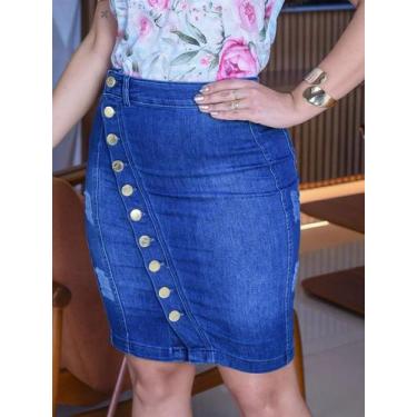 Imagem de Saia Jeans Feminina Media Lápis com Botões Verticais - NoBrand, Azul c