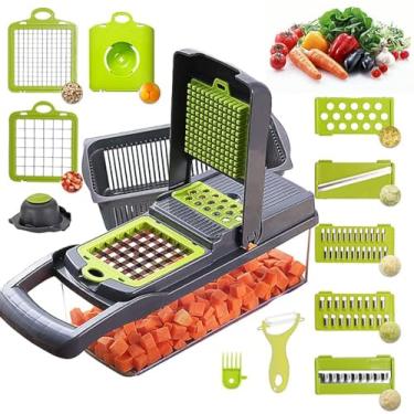 Imagem de Alrens Cortador e Ralador de Legumes 11 em 1 - Fatiador de Mandolina Com Recipiente Cinza para Batata, Cebola e Vegetais