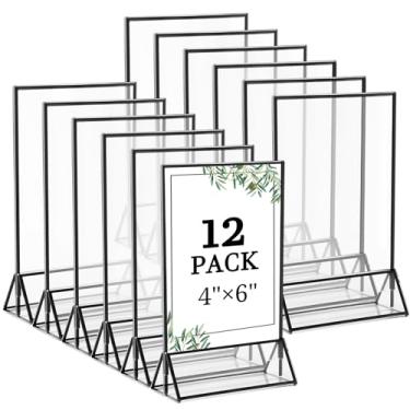 Imagem de Floroom Pacote com 12 suportes de placa de acrílico transparente, 10 x 15 cm, porta-retratos pretos de dupla face para números de mesa, menus, panfletos, casamentos e escritórios