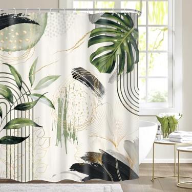 Imagem de Mitpok Cortina de chuveiro boho verde cinza 60Lx72H folhas de palmeira tropical abstrata meados do século moderno boêmio minimalista folha dourada planta decoração de banheiro cortina de banho
