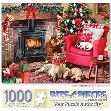 Imagem de Bits and Pieces - Quebra-cabeça de 1000 peças para adultos 50,8 cm x 68,5 cm - Natal aconchegante - 1000 peças Fogão de Natal Gato Cachorro Pet Nap Jigsaw por Artist Macneil Studio