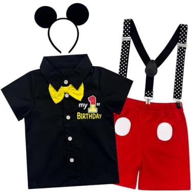 Imagem de Wosixima Baby Mouse Costume First Birthday Outfit Set, 4-Piece with Shirt, Shorts, Polka dot suspenders and Ears, Black and Red, 9-12 Months