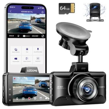 Imagem de AZDOME Câmera veicular M01 Pro 3K WiFi atualizada frontal e traseira, cartão de 64 GB, câmera de painel de controle de aplicativo para carro, modos de estacionamento G-Sensor, Dashcam, ADAS