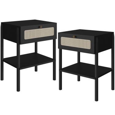 Imagem de Kit 02 Mesas de Cabeceira 01 Gaveta com Telinha Pés Madeira Moss A03 Nero Preto - Lyam Decor