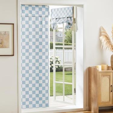 Imagem de Ohocut Cortina de porta francesa xadrez azul, cobertura decorativa de janela quadriculada para cozinha, pátio, persiana, porta traseira, 1 painel 66 x 169 cm