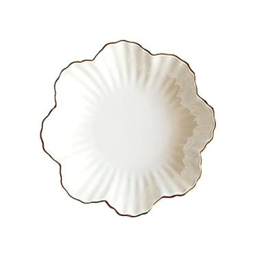 Imagem de Prato de serviço 20 cm em forma de flor com borda dourada prato de cerâmica nórdico floral branco porcelana prato de jantar tigela de salada prato de sobremesa pratos de talheres (cor: B)