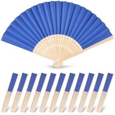 Imagem de JOHOUSE Ventiladores de bambu dobráveis, 12 peças de ventilador portátil estilo oriental ventilador japonês chinês para decoração faça você mesmo festa de dança de casamento verão azul escuro