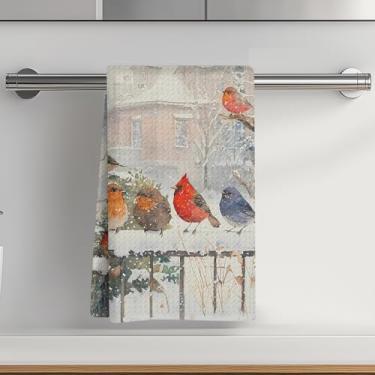 Imagem de Pássaros toalhas de cozinha 35,5 x 61 cm, cardeal reutilizável absorvente waffle tecer prato toalhas de chá presentes para amantes de pássaros mulheres para limpeza de cozinha, cozimento, outono