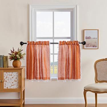 Imagem de BTTN Cortinas Cafe Kitchen sobre a pia, 91 cm de comprimento, conjunto de 2 painéis, cortinas curtas Boho com filtro de luz bordadas de linho listradas para janelas pequenas, cortinas de fazenda