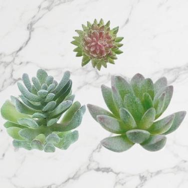 Imagem de Suculentas artificiais, pacote com 3 plantas suculentas falsas, artificiais, pequenas, suculentas falsas, sem vaso, para decoração de arranjo de jardim, paisagem de lótus, verde, (E)