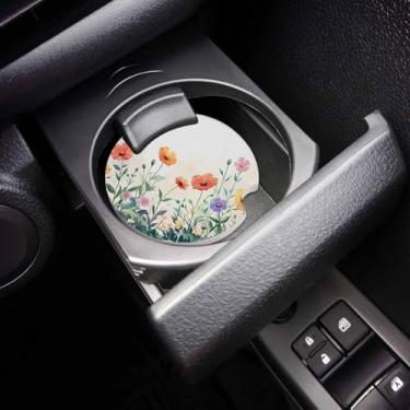 Imagem de Conjunto de 2 porta-copos de carro de flores silvestres da fazenda, margarida, borboleta, floral, pedra de cerâmica absorvente com entalhe de dedo para facilitar a remoção do porta-copo automático