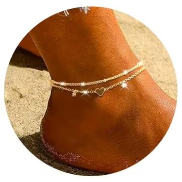 Imagem de Tornozeleira feminina banhada a ouro, prata, zircônia cúbica e pingente de coração, tornozeleiras delicadas em camadas, conjunto de tornozeleiras modernas para presentes, One Size, Liga de aço, Sem