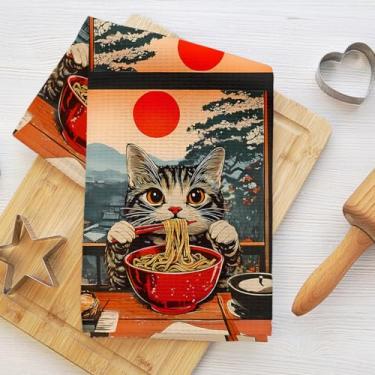 Imagem de Toalhas de cozinha de gato estilo japonês retrô, toalhas de mão de banheiro de microfibra macia absorvente, toalhas de prato Ramen toalha de mão para cozinha, banheiro, casa de fazenda, casa