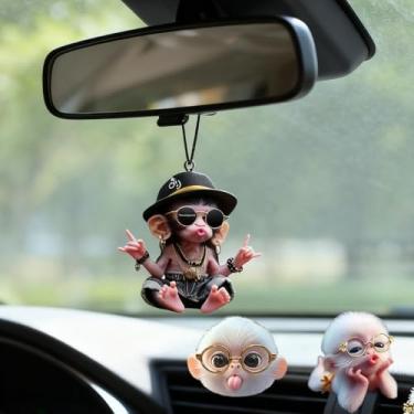 Imagem de 3 peças de enfeite fofo de macaco balançando, adorável decoração pendurada para espelho retrovisor de carro, chaveiros de macaco legal, porta-chaves de carro, pingente de mochila - presente engraçado