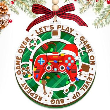 Imagem de HEXMOZ Enfeite de Natal com controle de jogos, decoração de feriado de metal redondo, vermelho com design de chapéu de Papai Noel, estilo pendurado