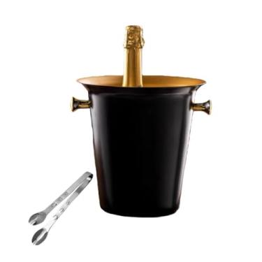 Imagem de Balde de gelo de aço inoxidável bicamada preservação do calor isolamento frio bonito KTV champanhe vinho tinto cerveja gelo bloco de gelo balde comercial (preto, alça dourada)