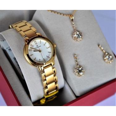 Imagem de Relogio champion feminino pequeno dourado com numeros ch26944w + kit s