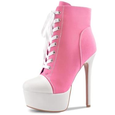 Imagem de Perisis Bota feminina preta plataforma tornozelo salto alto stiletto bota curta cadarço lona sapatos fechados bico redondo com zíper lateral para mulheres sexy primavera outono inverno, Lona