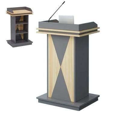 Imagem de JYXYXSCP Suporte de pódio, púlpito de igreja de palito de madeira com armazenamento de 3 níveis, pódio de madeira para igrejas, seminários e escolas