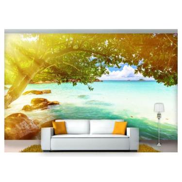 Imagem de Papel De Parede Praia Mar Árvore Pedras 3D  Npr214 - Você Decora