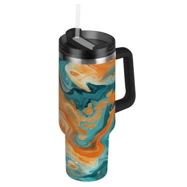 Imagem de SEHANY Copo colorido com padrão de mármore de 850 g com tampa e canudo, aço inoxidável de vácuo duplo isolado garrafa de água esportiva suporte para copo de café de viagem à prova de vazamento para