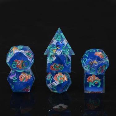 Imagem de UBEUCK DND Dice Set 7-Pcs Sharp Edge Blue Marine Life Style Resin Dice Polyhedron Resin Sharp Edge dice Role-Playing Game RPG MTG Board Game (Marine Life - Green)
