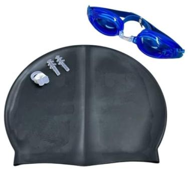Imagem de Touca de Silicone，Kit De Natacao com Touca Silicone E Oculos Para jovens E Adultos(Preto(touca)+Azul escuro(óculo)