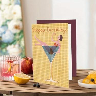 Imagem de Um cartão de aniversário apresenta uma mulher sentada em uma xícara de Martini, com as palavras Happy Birthday! Escrito ao lado dele (amarelo)