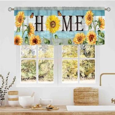 Imagem de Cortinas de cozinha com girassol, flores amarelas rústicas, azul, prancha de madeira, doce lar, retrô, com bolso para varão, janela pequena, para café, sala de estar, quarto, armário, 137 x 45 cm