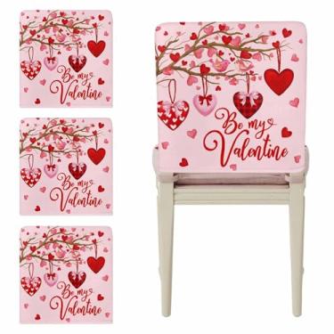 Imagem de Conjunto de 4 capas para cadeira de dia dos namorados, vermelho, rosa, amor, coração, capa elástica, ramo de árvore, balão para amantes de pássaros, capas traseiras para cadeiras de jantar, cozinha