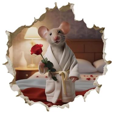 Imagem de MaiKeAYang Decalques de parede 3D murais removíveis vinil paredes decorações mouse segurando rosa na mão para sala de estar, quartos de bebê, quarto, banheiro, casa, parede, decoração DIY