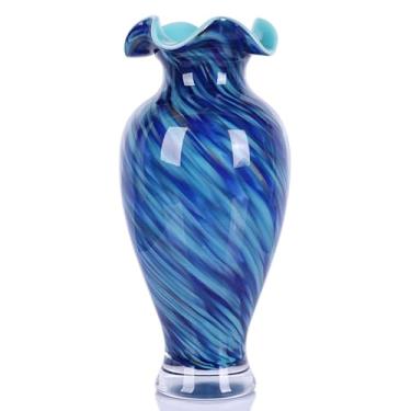 Imagem de Vaso de vidro de arte soprado à mão, vaso de flores decorativo de borda com babados coloridos (azul)